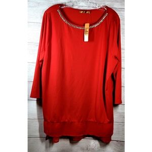 Belldini Womens Blouse Plus Size 1x Red Tunic Top Jeweled Neckline Sheer Hem